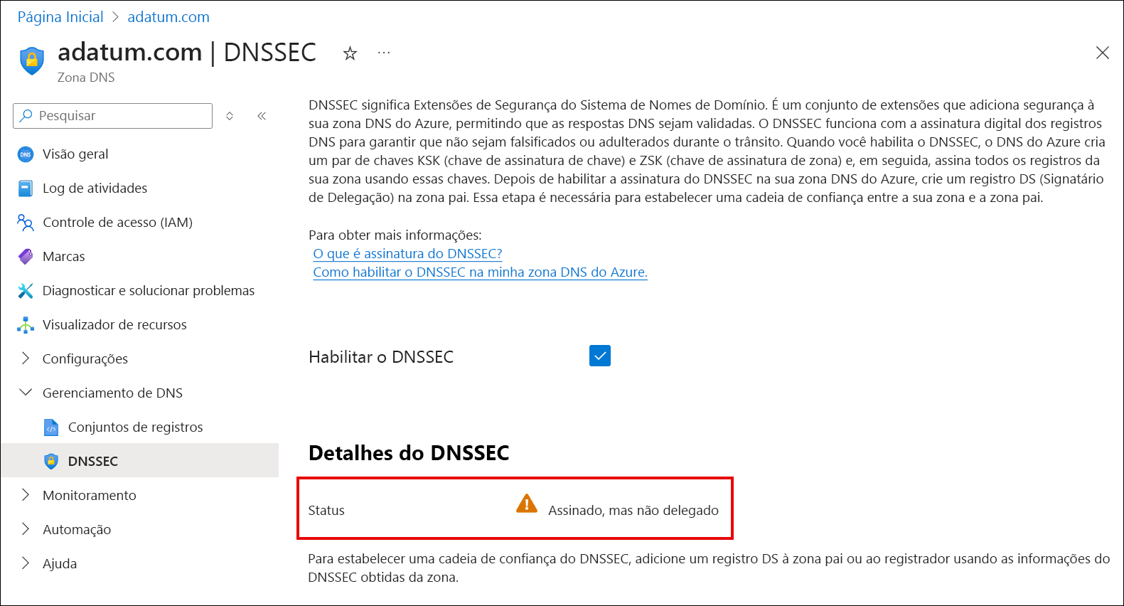 Captura de tela confirmando a desativação do DNSSEC.