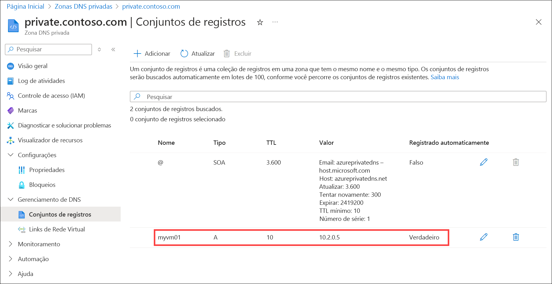 Captura de tela de um registro DNS registrado automaticamente.