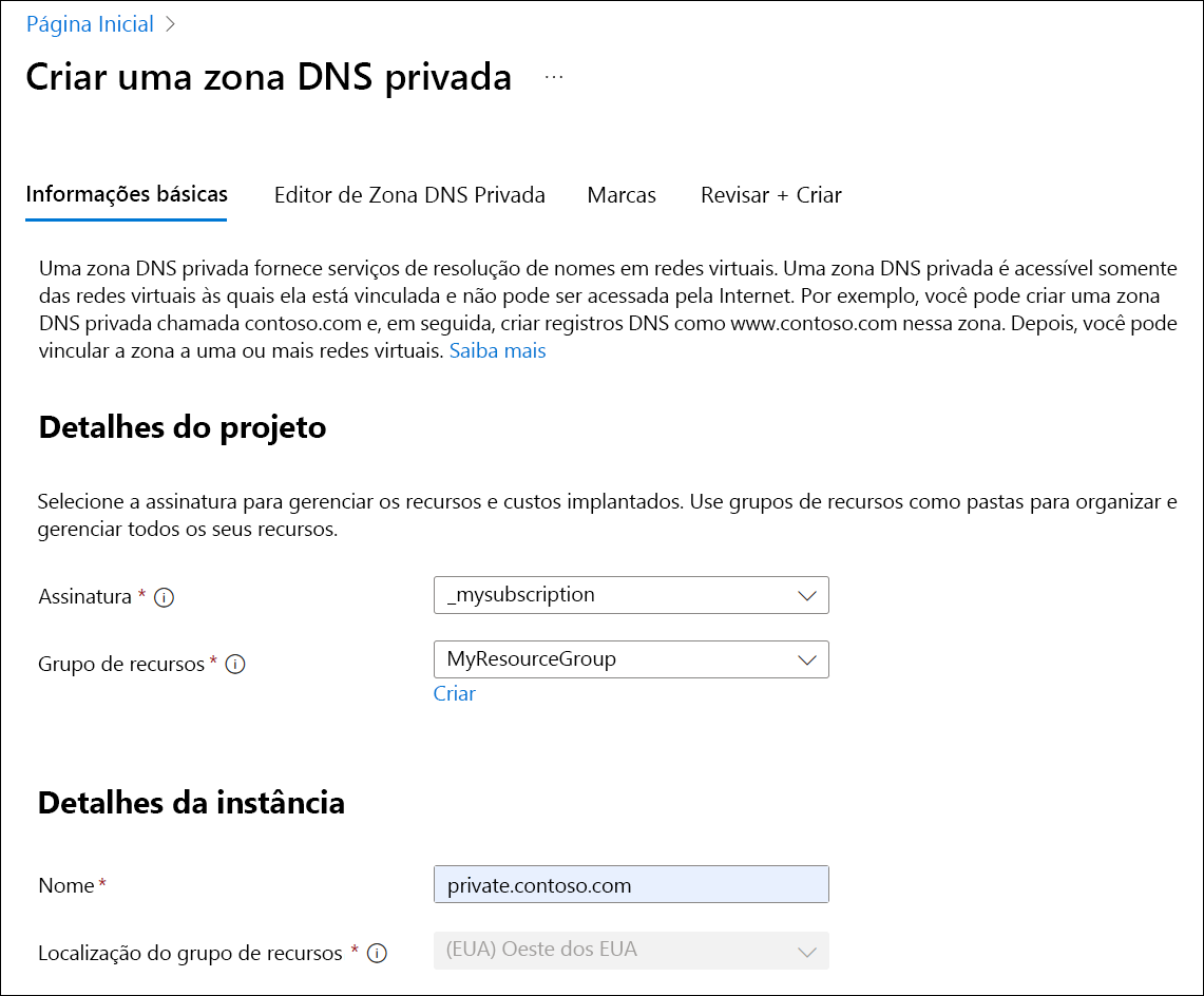 Captura de tela que mostra a criação de uma zona DNS privada.