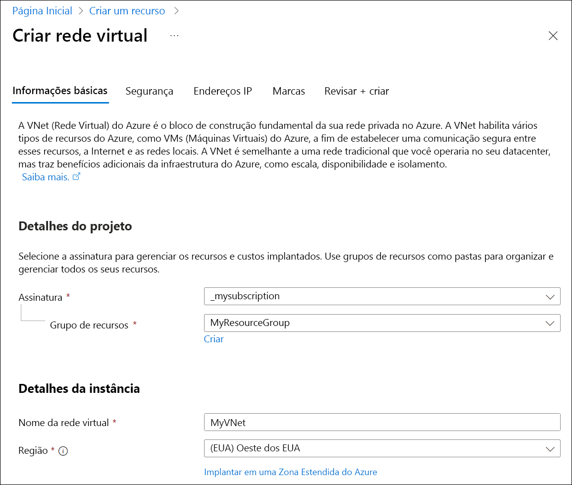 Captura de tela do guia básico de criar rede virtual.