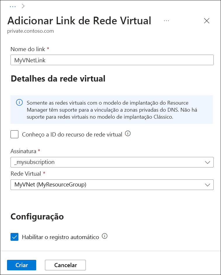 Captura de tela da adição de um link de rede virtual.