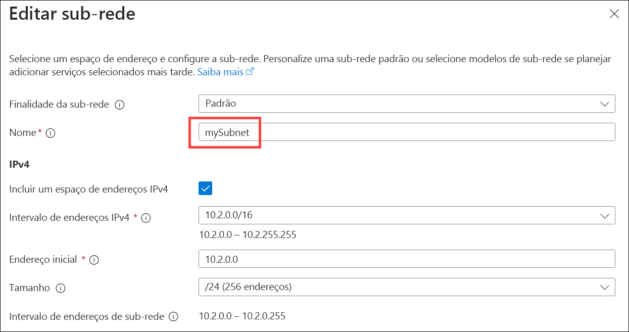 Captura de tela da especificação do espaço de endereço IPv4 da sub-rede.