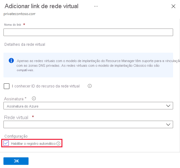 Captura de tela de habilitar o registro automático na página adicionar link de rede virtual.