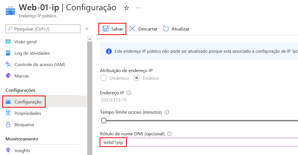 Captura de tela da página de configuração do endereço IP público do Azure mostrando o rótulo de nome D N S.