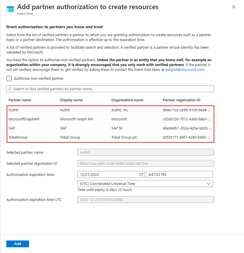 Captura de tela mostrando a página que permite conceder a um parceiro verificado a autorização para criar recursos em seu grupo de recursos.