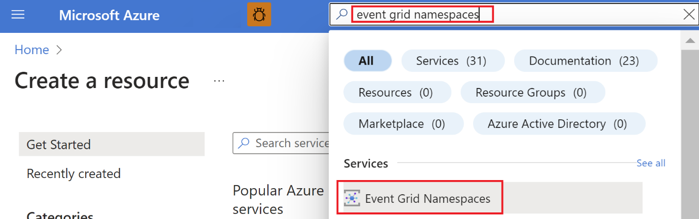 Captura de tela da pesquisa de namespaces da Grade de Eventos no portal do Azure.