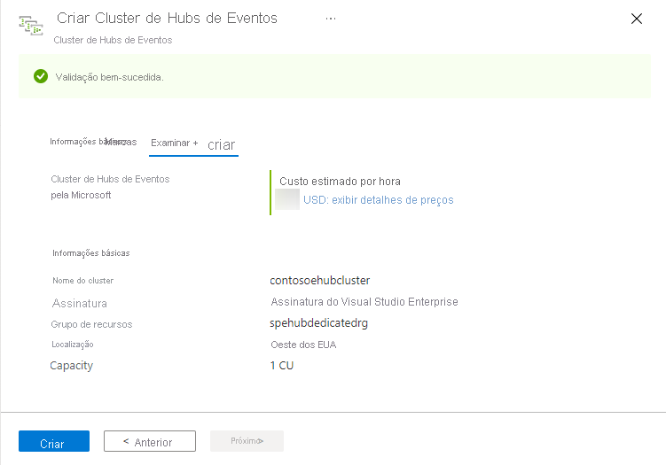 Imagem mostrando Criar Cluster dos Hubs de Eventos – página Examinar + Criar.