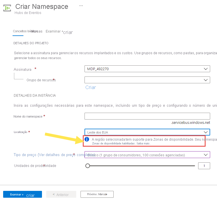 Captura de tela mostrando a página Criar Namespace com uma região que tem zonas de disponibilidade