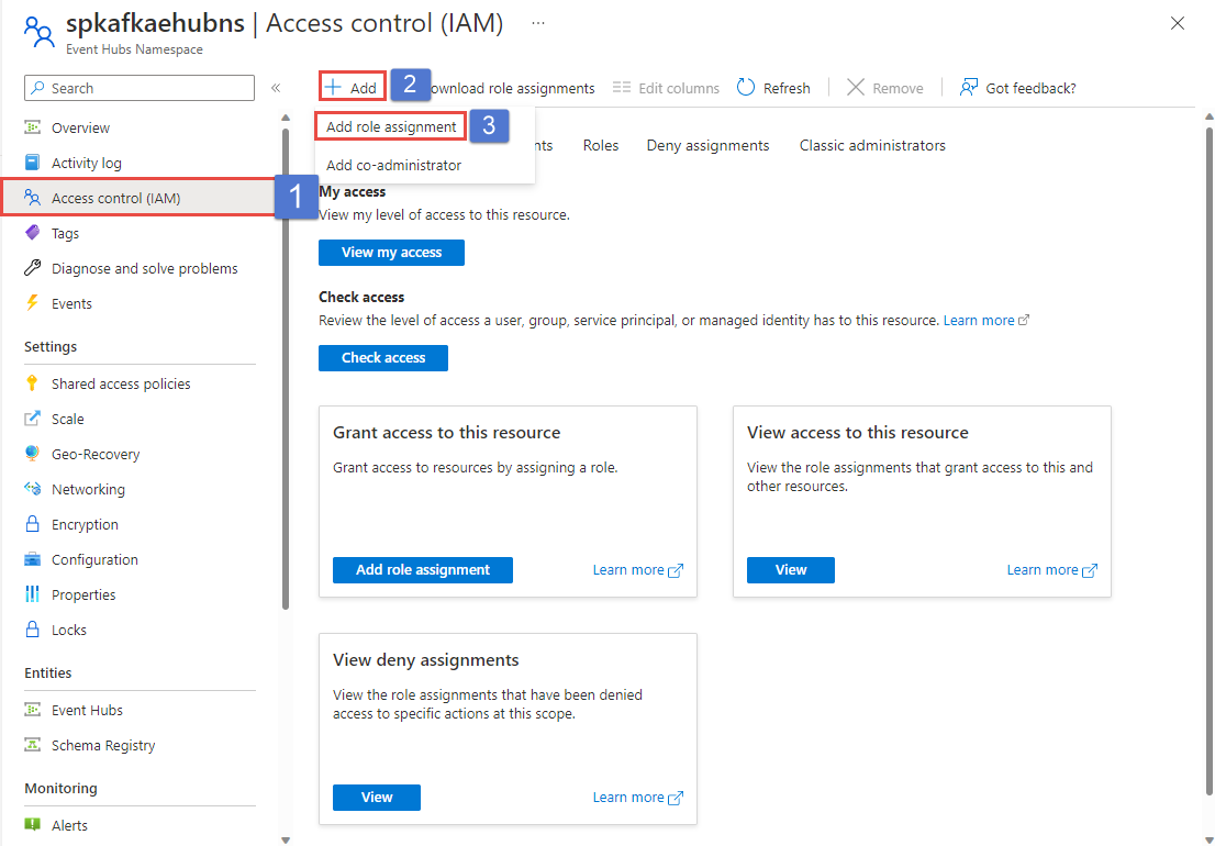 Captura de tela da página Controle de Acesso de um namespace dos Hubs de Eventos.