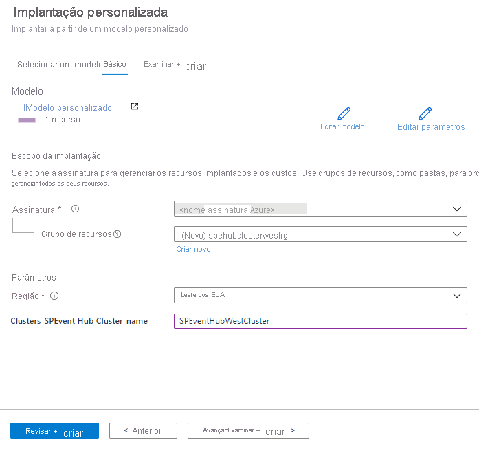 Captura de tela mostrando Implantar modelo do Resource Manager