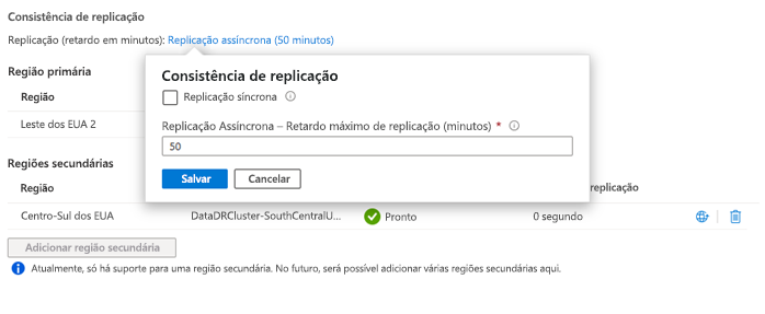 Captura de tela da interface do usuário de consistência de replicação na interface do usuário de replicação geográfica.