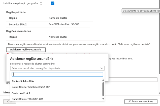 Captura de tela da seleção de cluster e região secundária no namespace para criar interface do usuário.