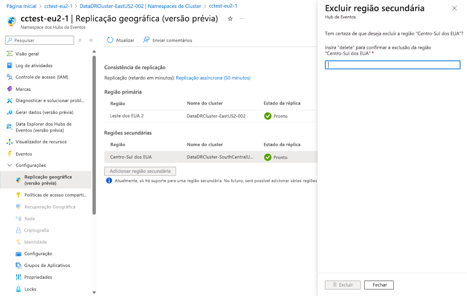 Captura de tela da função Remover região secundária na interface do usuário de replicação geográfica.