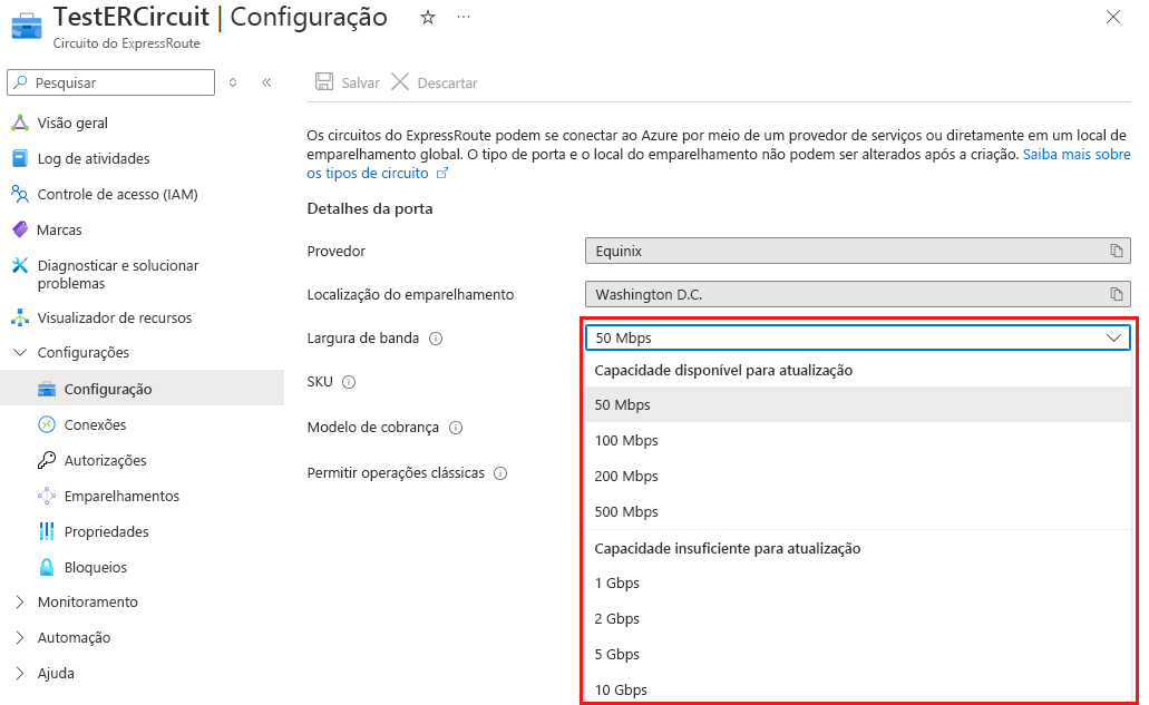 Captura de tela da atualização de largura de banda disponível para um circuito do ExpressRoute.