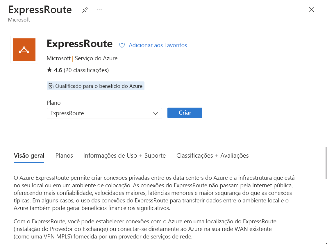 Captura de tela do recurso de criação de um circuito ExpressRoute.