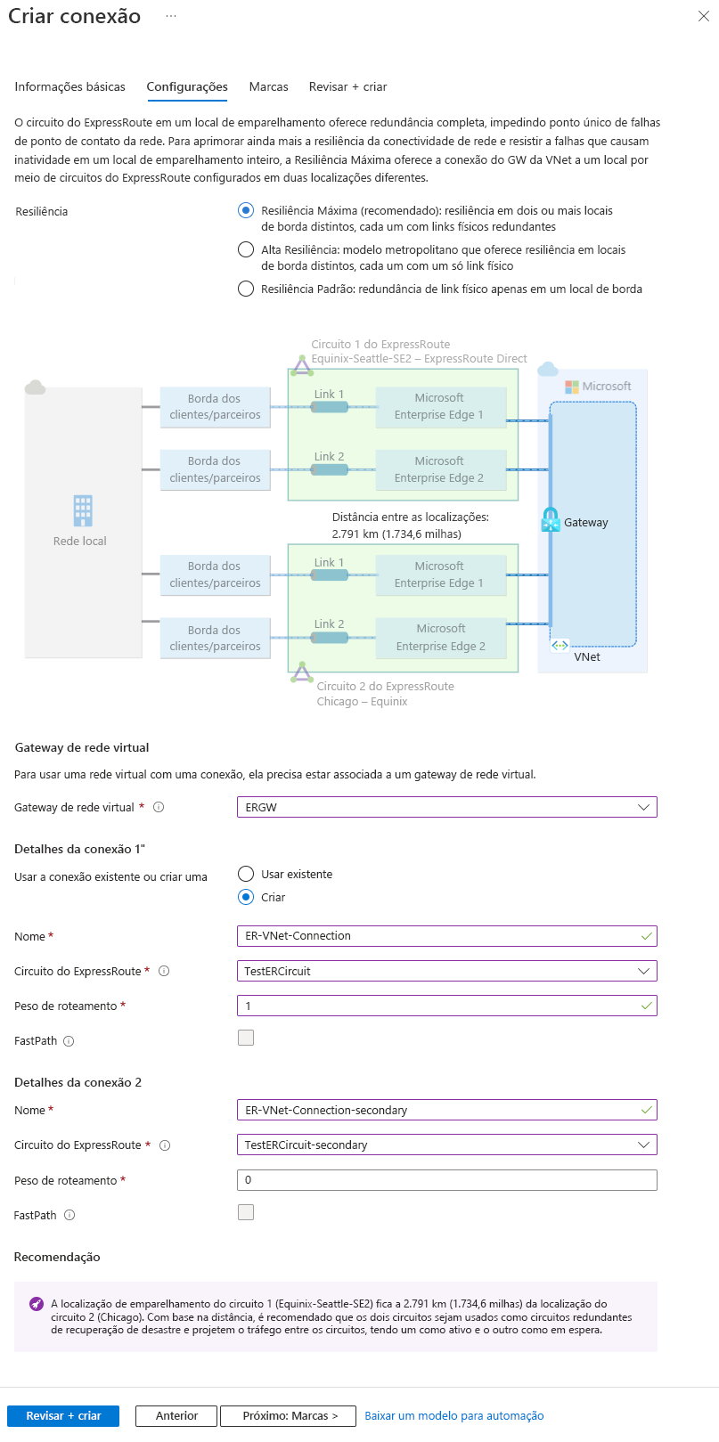 Captura de tela da página de configurações para conexões de resiliência máxima do ExpressRoute com um gateway de rede virtual.