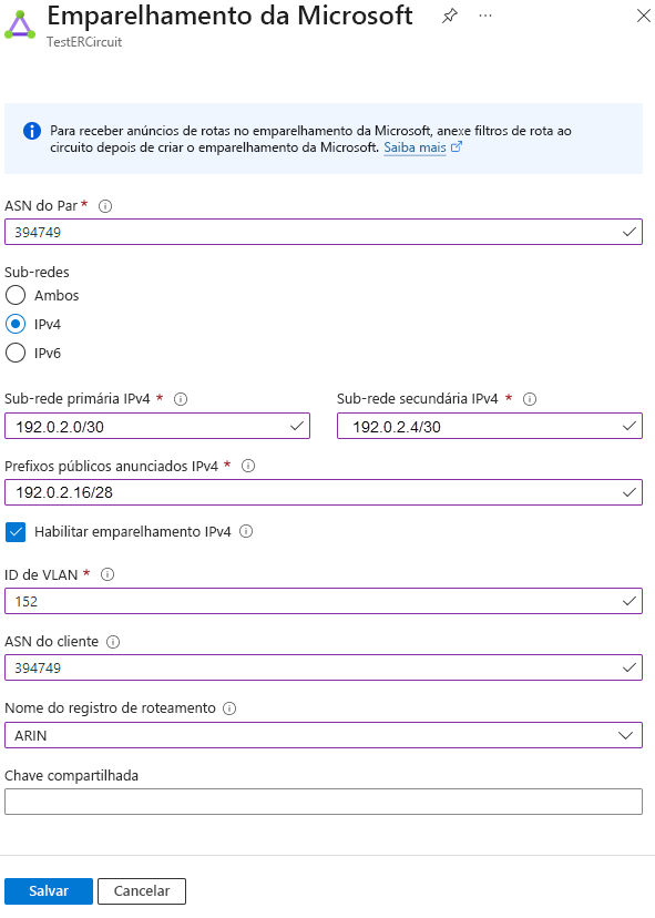 Captura de tela que mostra a configuração do emparelhamento da Microsoft.