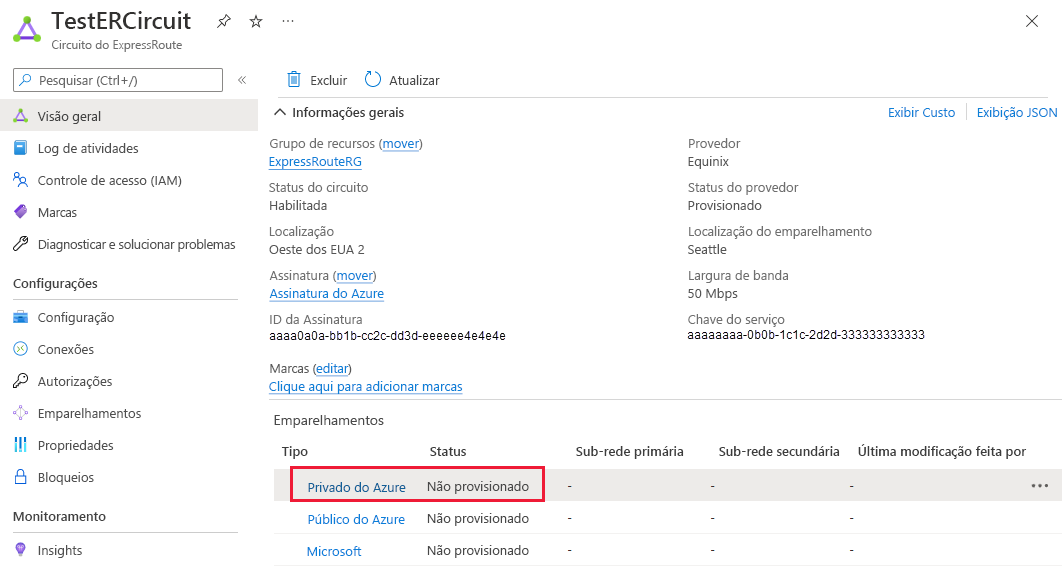 Captura de tela que mostra como selecionar a linha de emparelhamento privado da Microsoft.