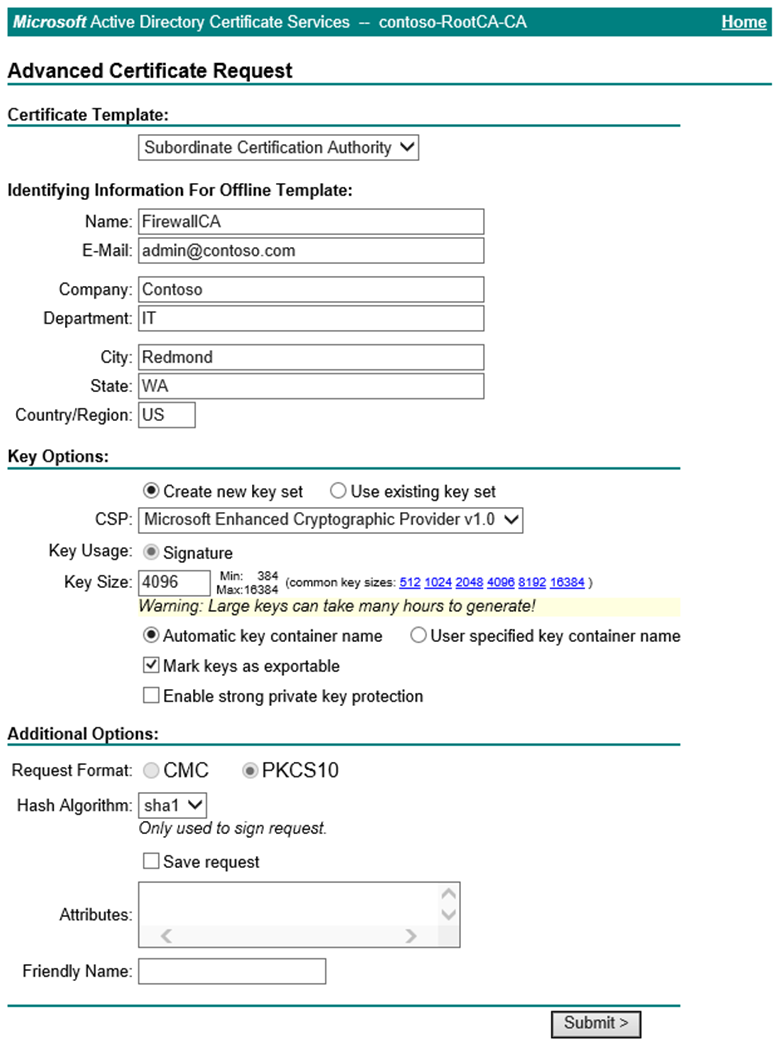 Captura de tela da solicitação avançada de certificado