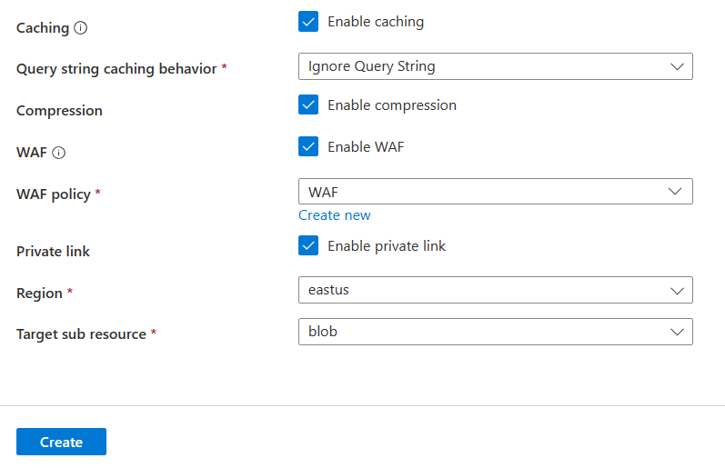 Captura de tela das configurações de cache, WAF e link privado para um ponto de extremidade.