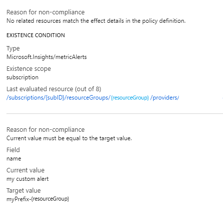 Captura de tela do painel Detalhes de conformidade para ifNotExists, incluindo a contagem de recursos avaliada.