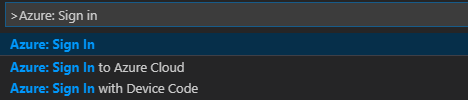 Captura de tela das opções de entrada na nuvem do Azure para o Visual Studio Code da Paleta de Comandos.