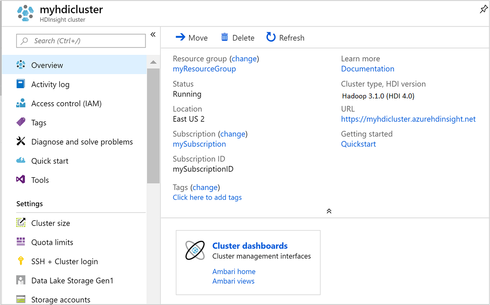 Captura de tela que mostra as configurações do cluster de introdução ao HDInsight Linux.