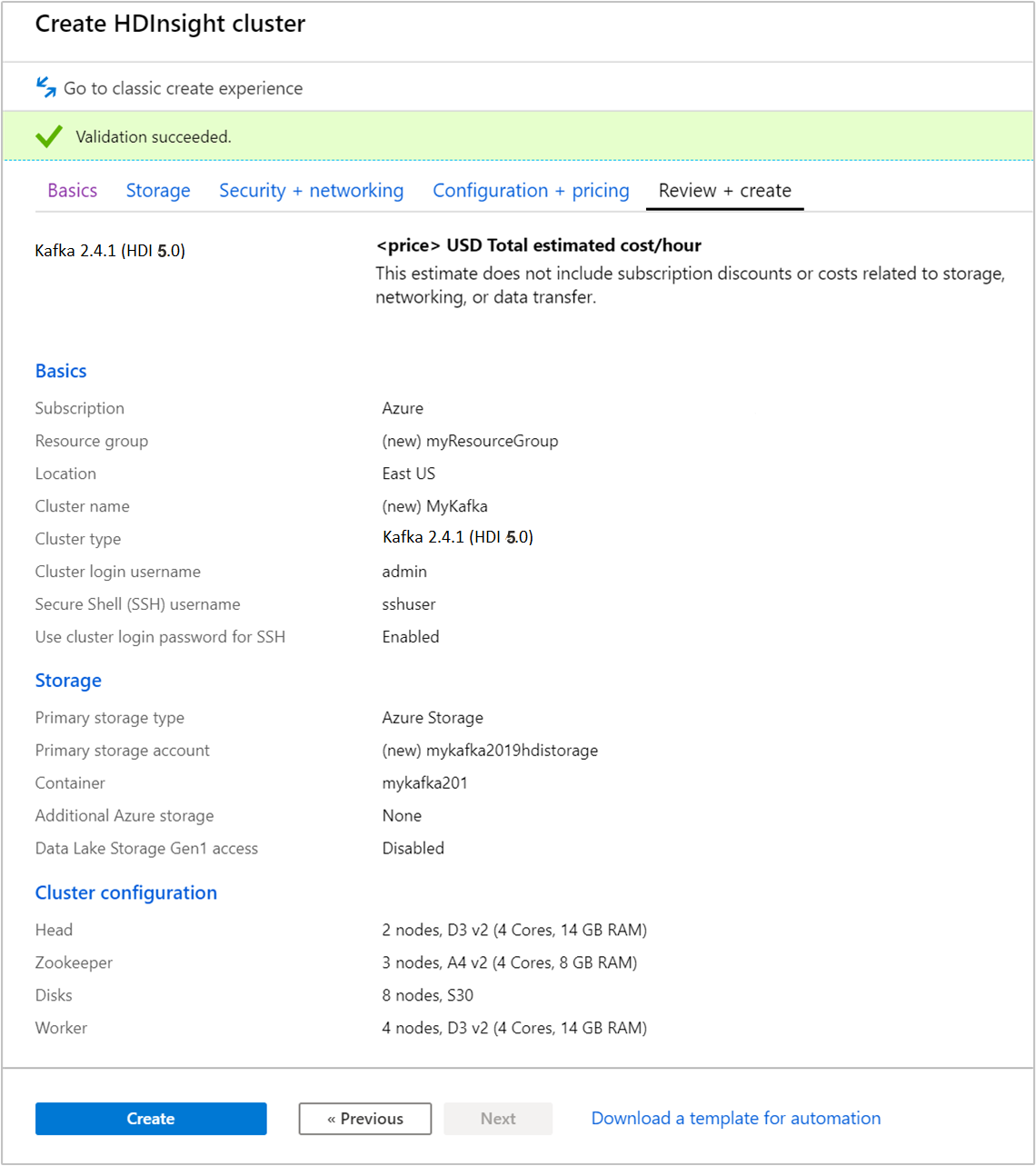 Captura de tela mostrando o resumo da configuração do cluster kafka para a versão 5.0 do HDI.