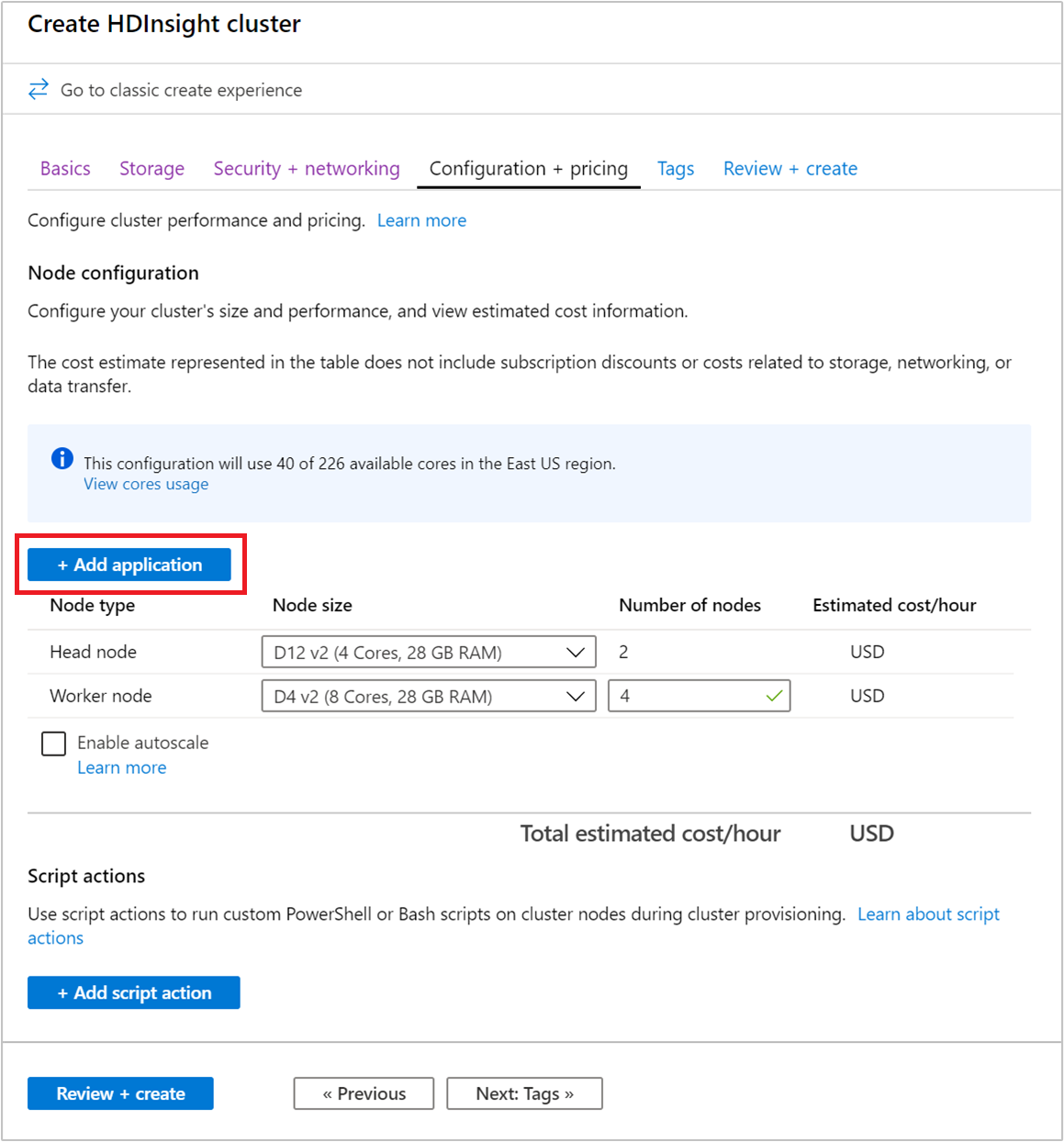 Aplicativos de configuração de cluster do portal do Microsoft Azure.