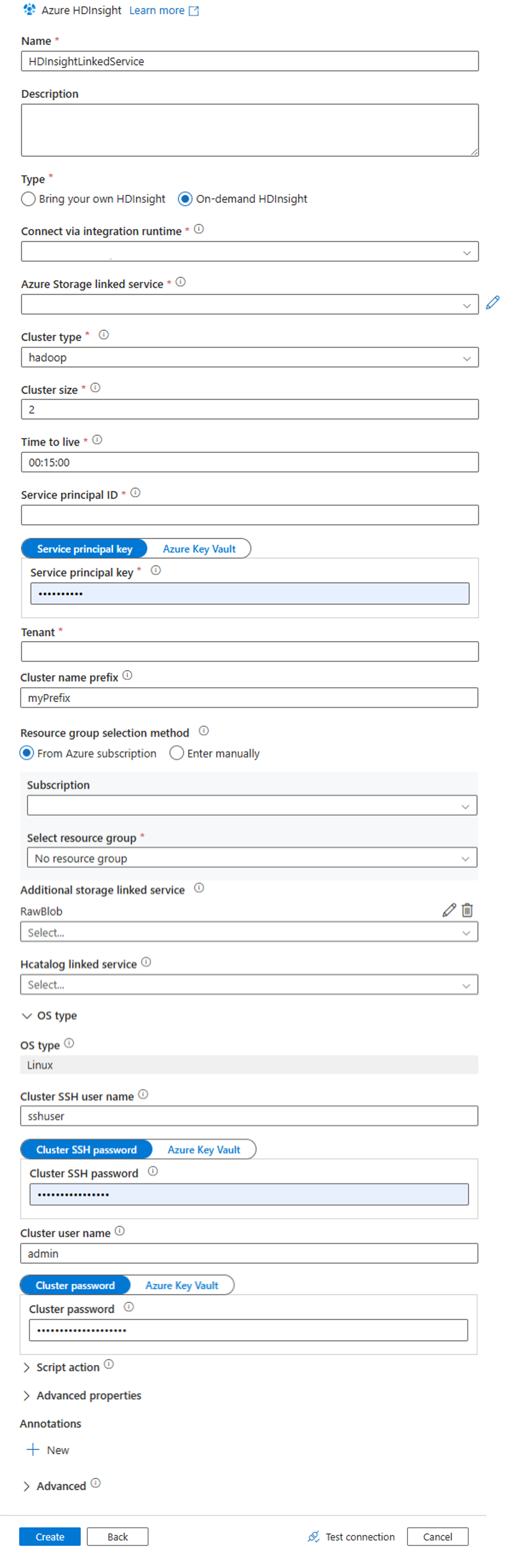Provide values for HDInsight linked service.