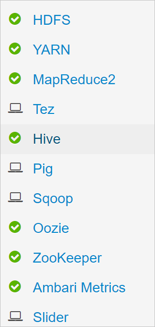 Lista de serviços do Apache Ambari selecionando Hive.