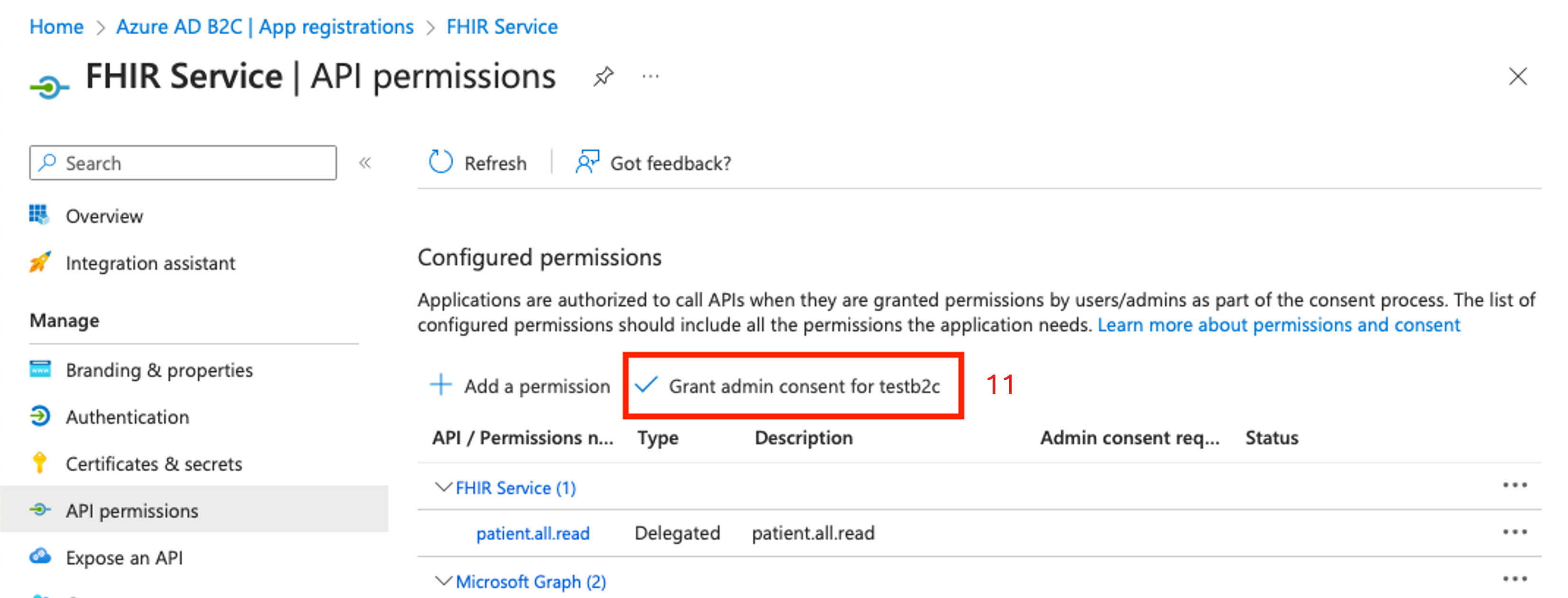 Captura de tela mostrando as permissões de API de B2C para consentimento do administrador.