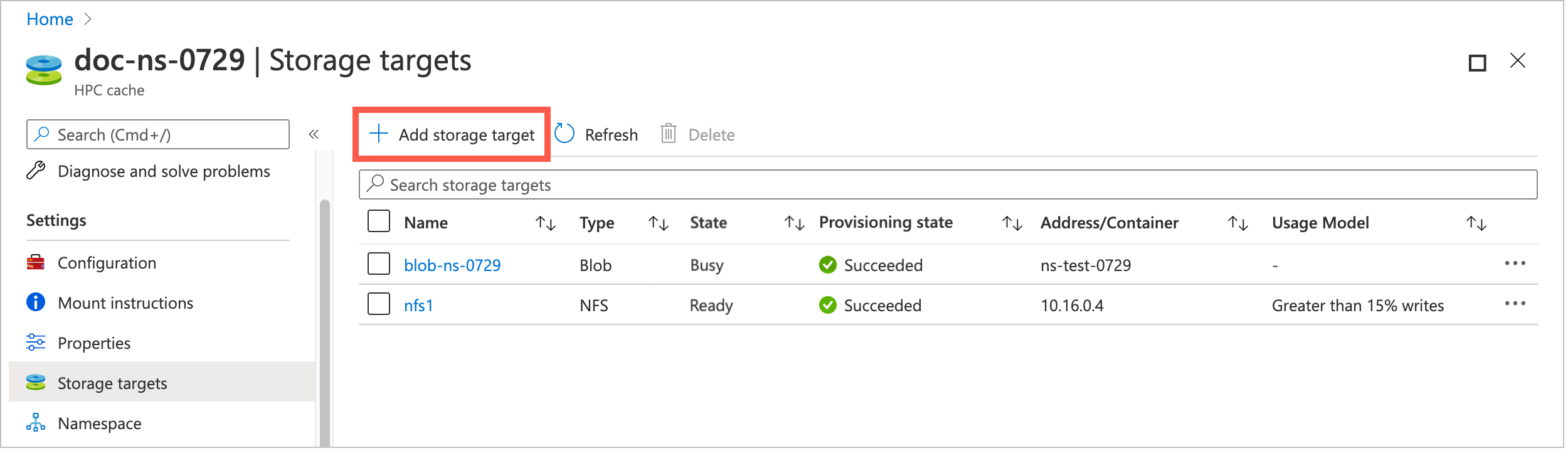 captura de tela da página Configurações > Destino de armazenamento, com dois destinos de armazenamento existentes em uma tabela e o botão realçado + Adicionar destino de armazenamento acima da tabela