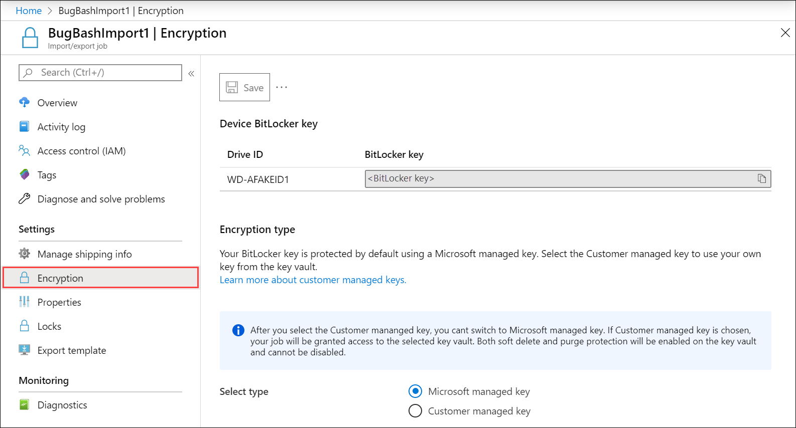 Captura de tela da folha Criptografia de um pedido de Importação/Exportação do Azure. O item de menu de Criptografia está realçado.