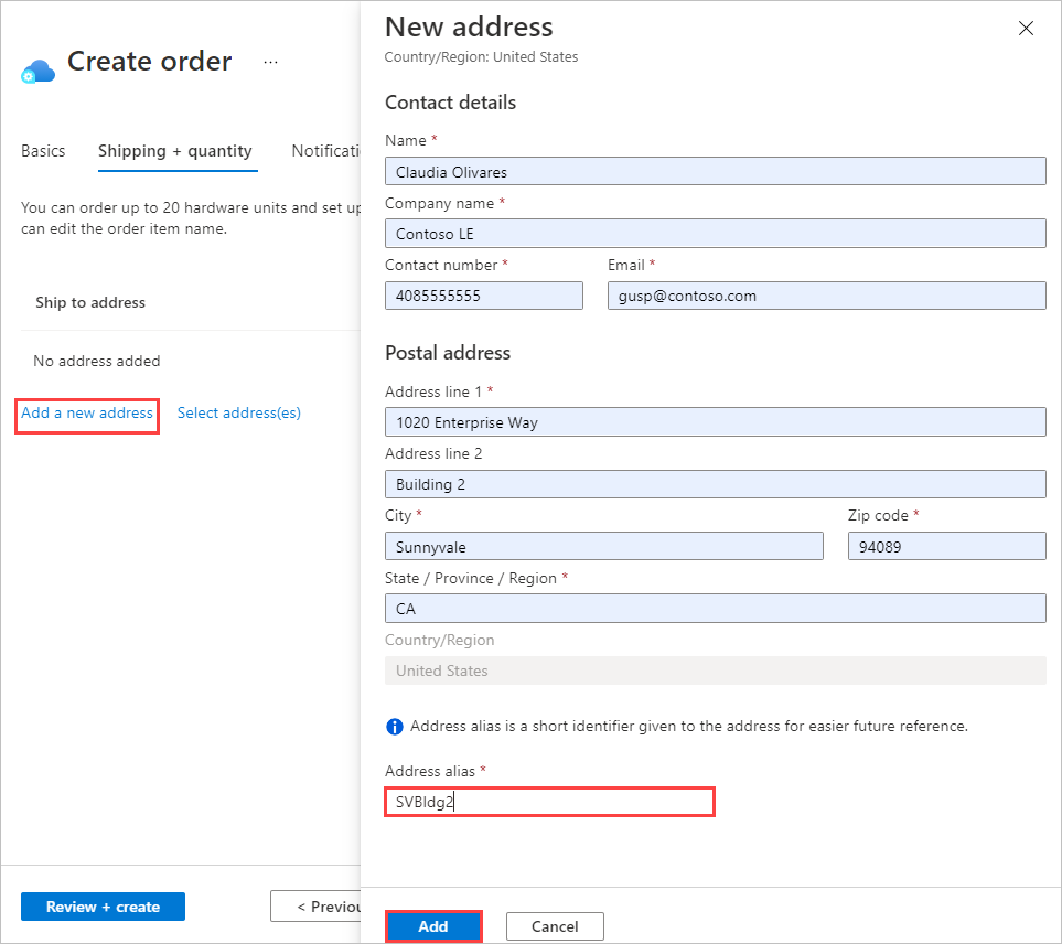 Imagem da tela de novo endereço para o pedido do Azure Edge Hardware Center. A opção de alias de endereço e o botão Adicionar são realçados.