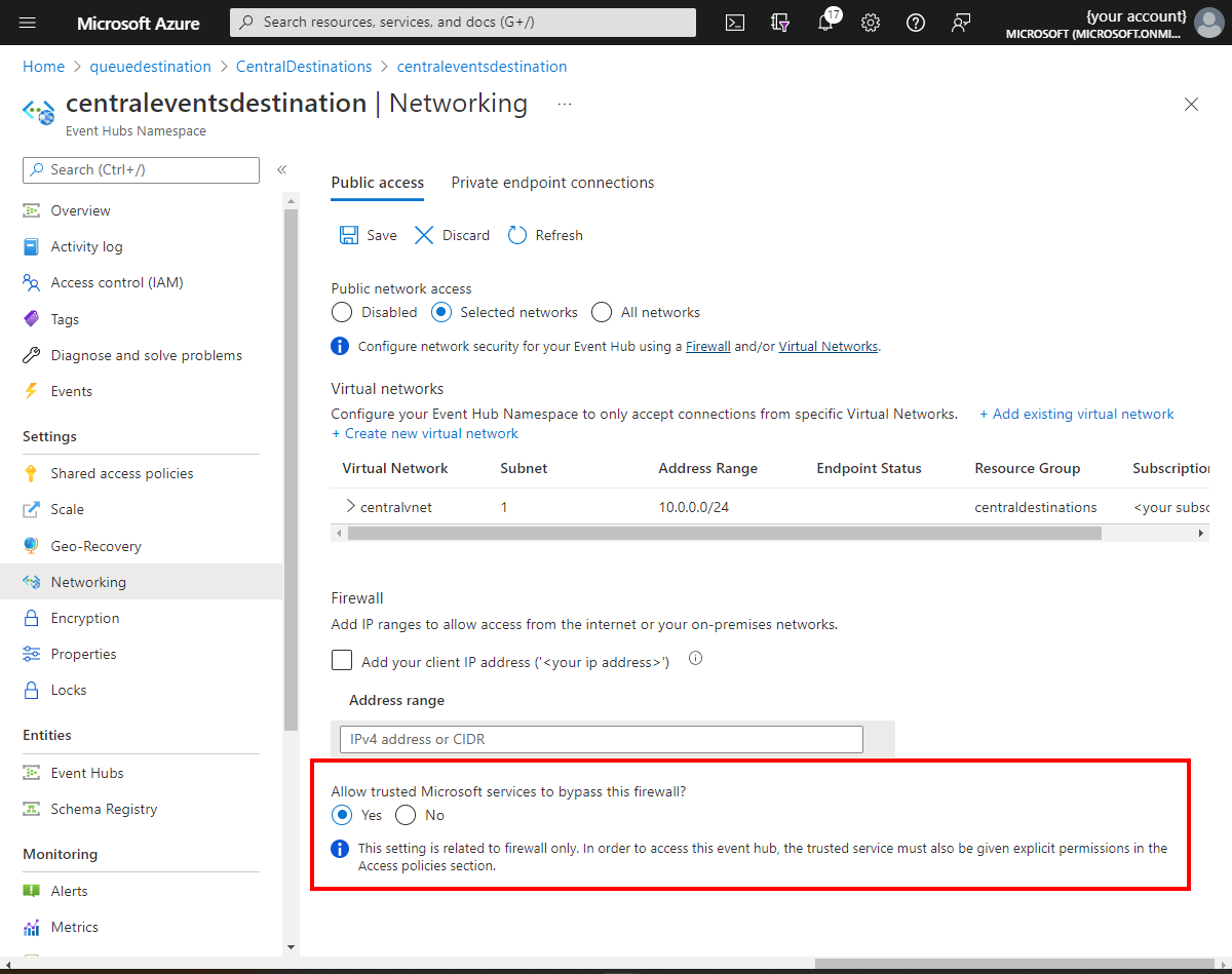 Captura de tela do portal do Azure que mostra a exceção de firewall para a rede virtual dos Hubs de Eventos do Azure.