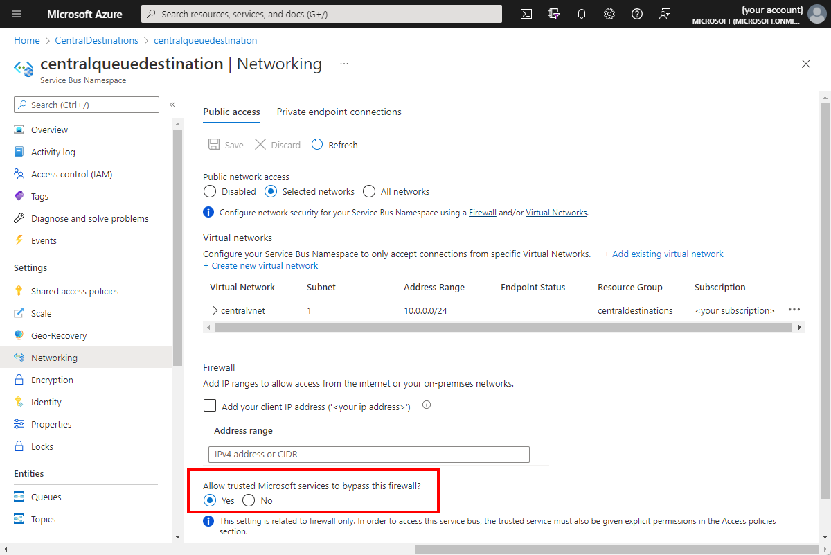 Captura de tela do portal do Azure que mostra a exceção de firewall para a rede virtual do Barramento de Serviço do Azure.