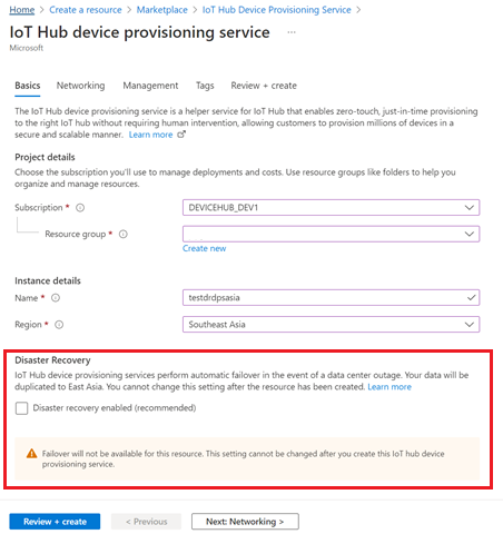 Captura de tela que mostra a opção de recuperação de desastre para um hub IoT na região de Singapura.