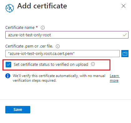 Captura de tela que mostra como adicionar o Certificado de Autoridade de Certificação raiz e definir o status do certificado como verificado na caixa de upload selecionada.