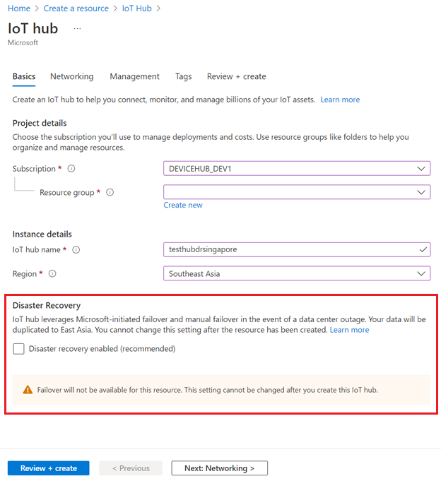 Captura de tela que mostra a opção de recuperação de desastre para um hub IoT na região de Singapura.