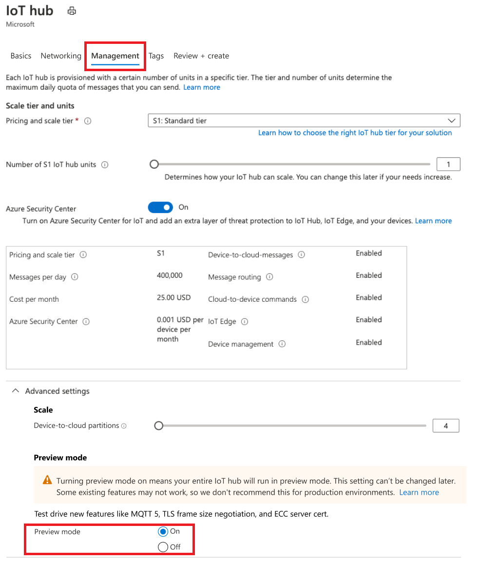 Imagem mostrando onde selecionar a opção do modo de versão prévia ao criar um Hub IoT