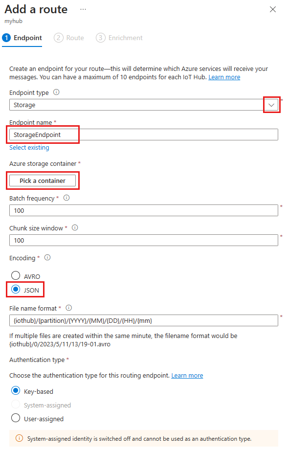 Captura de tela que mostra o painel Adicionar um ponto de extremidade de armazenamento com as opções corretas selecionadas.