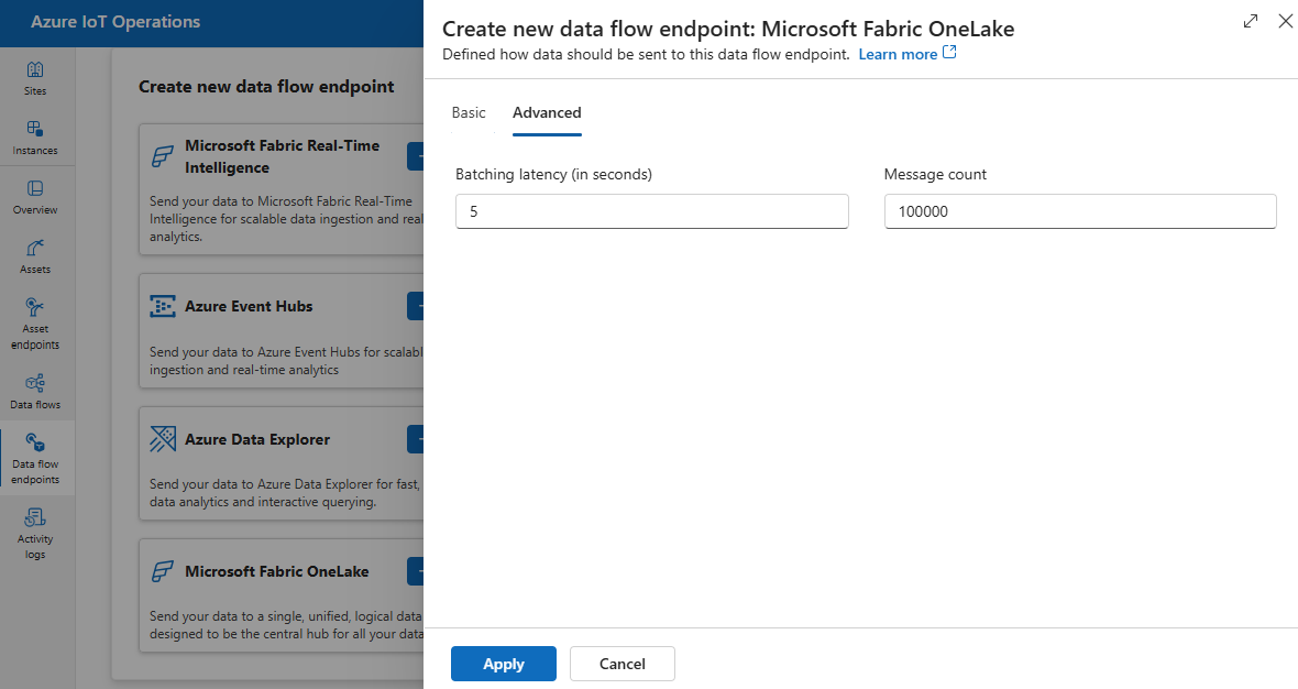 Captura de tela usando a experiência de operações para definir as configurações avançadas do Microsoft Fabric.