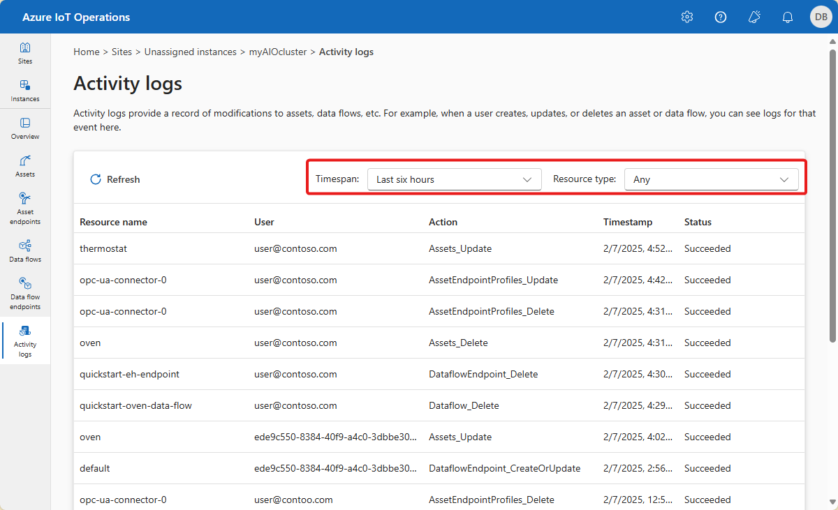 Uma captura de tela que mostra os logs de atividade de uma instância na experiência de operações.