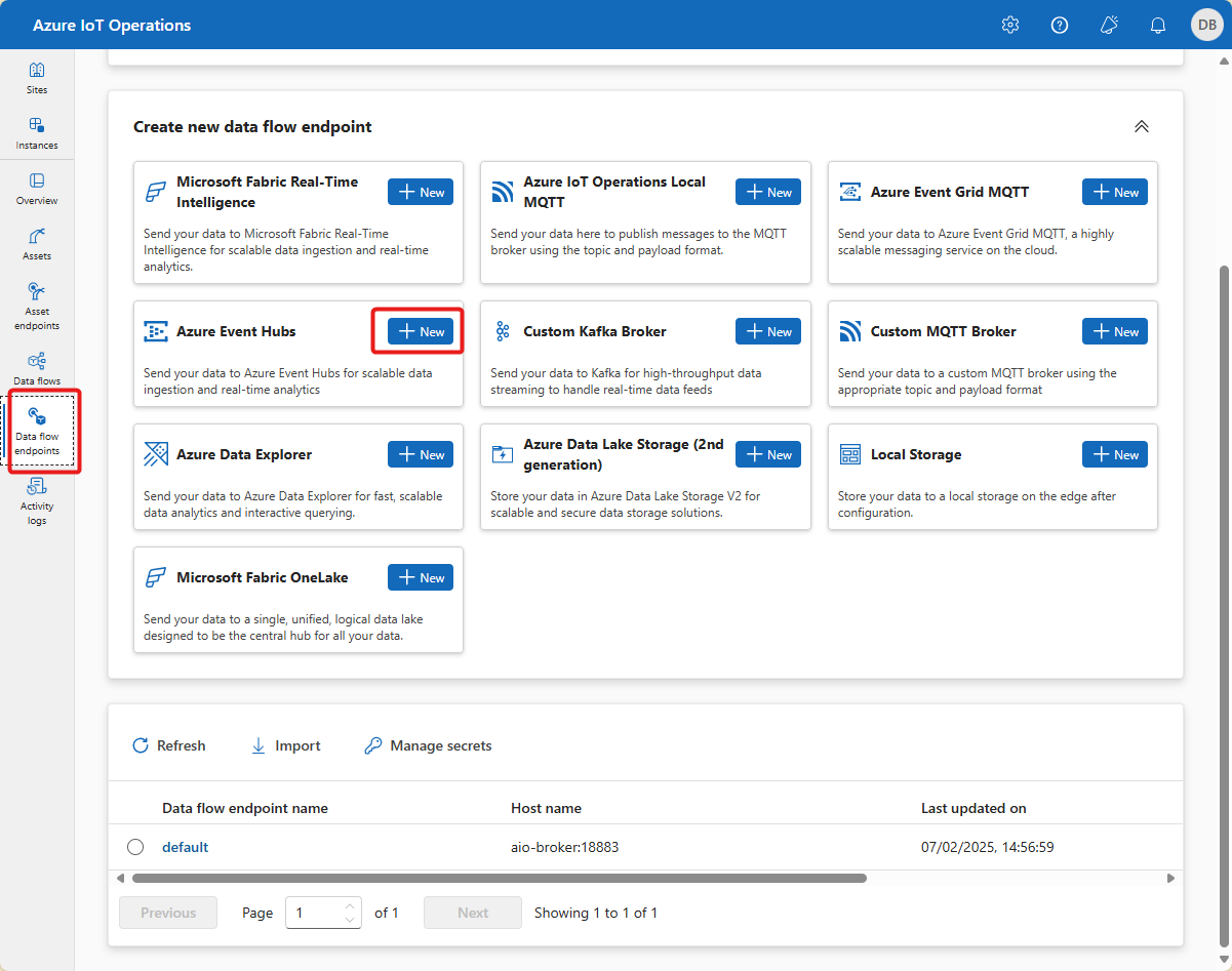 Captura de tela da página de pontos de extremidade do Dataflow.