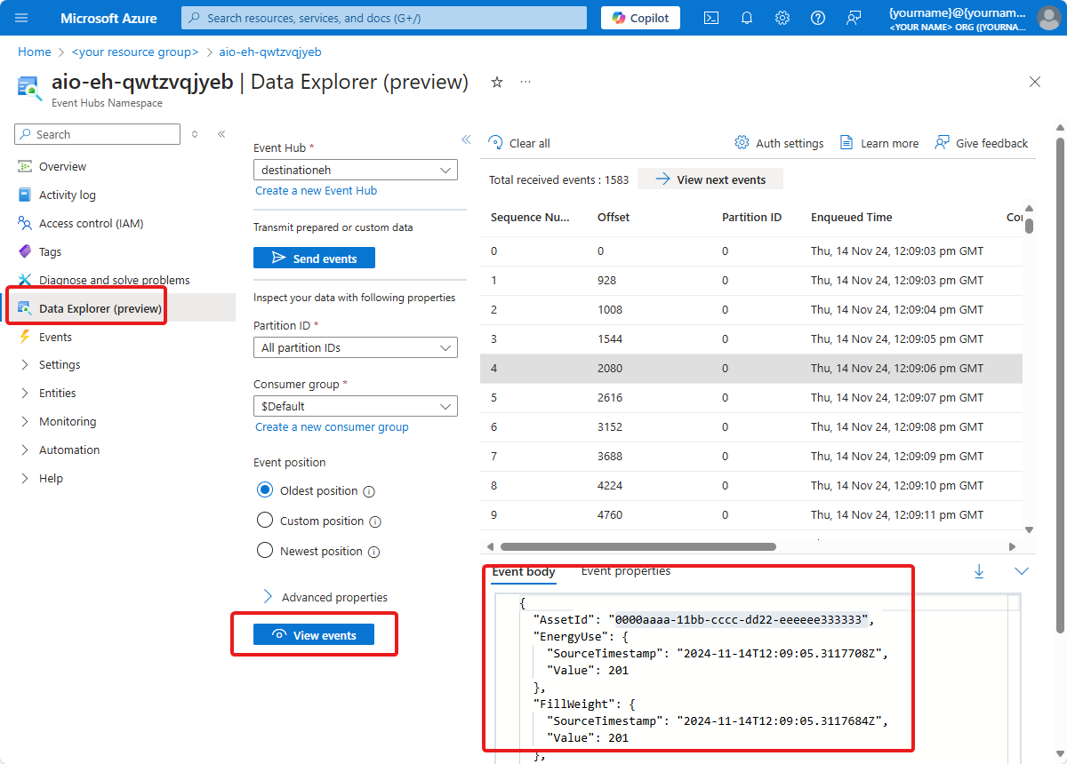 Captura de tela da página **Data Explorer** da instância dos Hubs de Eventos.