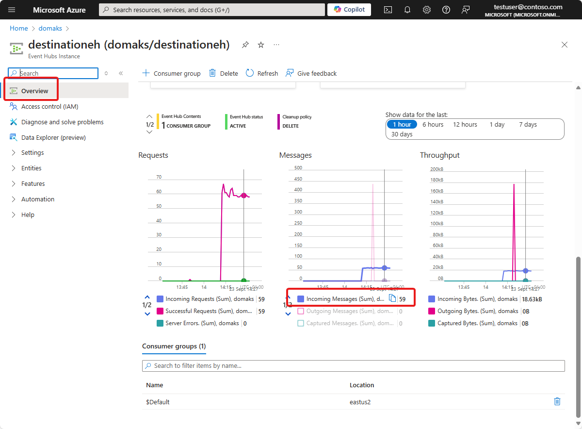 Captura de tela que mostra a página de visão geral da instância dos Hubs de Eventos com mensagens de entrada.