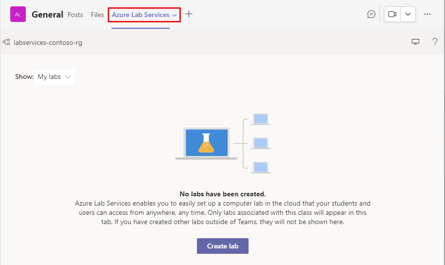 Captura de tela que mostra a tela inicial do Azure Lab Services no Microsoft Teams, realçando a guia Azure Lab Services.