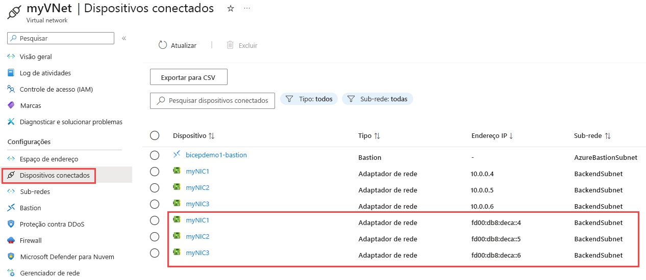 Captura de tela das configurações dos dispositivos conectados exibindo endereços IPv4 e IPv6 nas interfaces de rede.