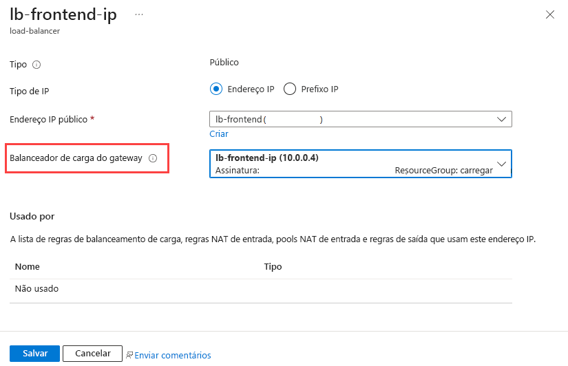 Captura de tela da adição do balanceador de carga para gateway ao IP de front-end.